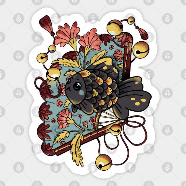 Asian Goldfish with Fan and Pink Flowers Sticker by narwhalwall